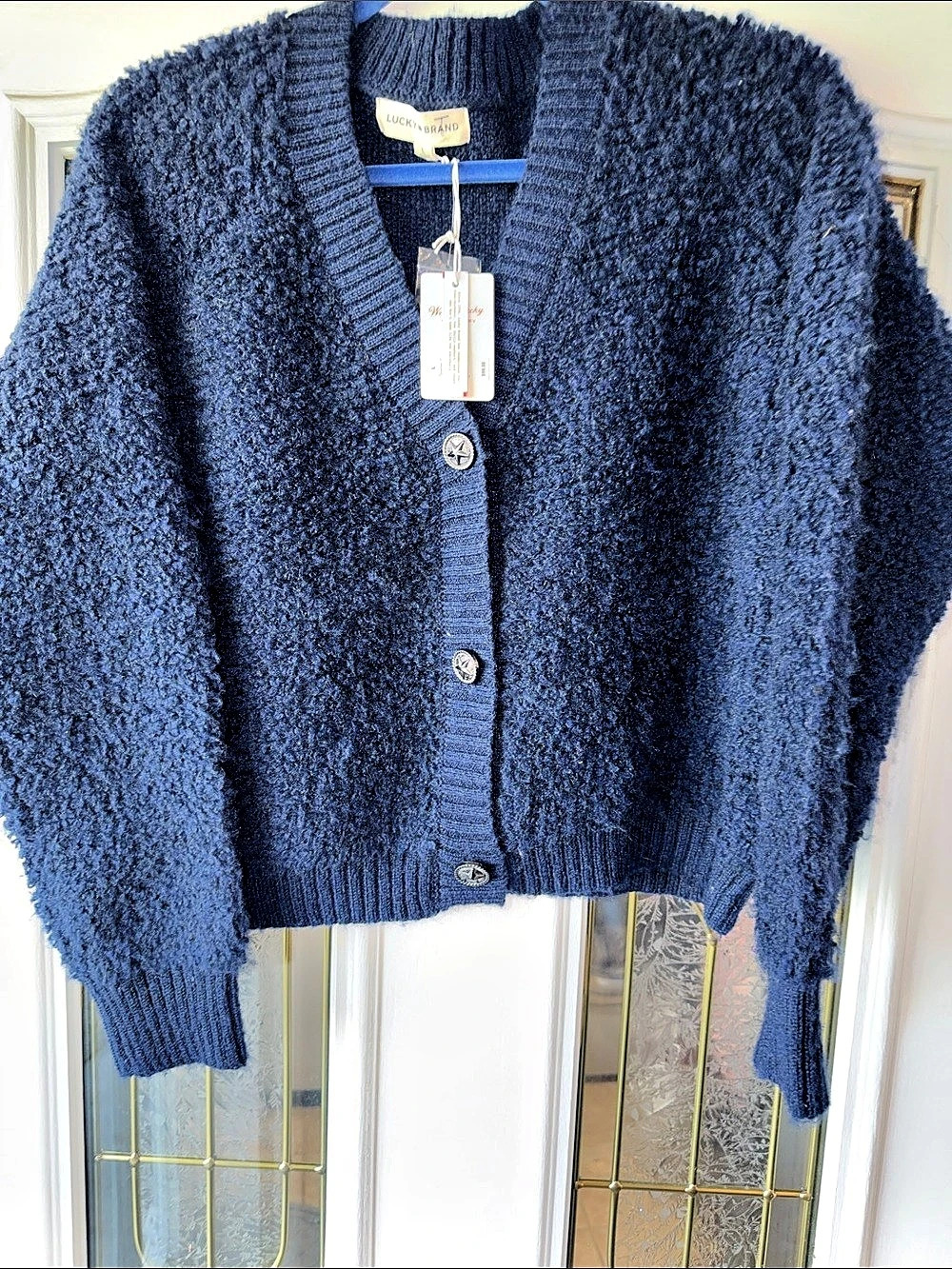 Lucky Brand Navy Bouclé Cardigan Star Buttons Large NWT